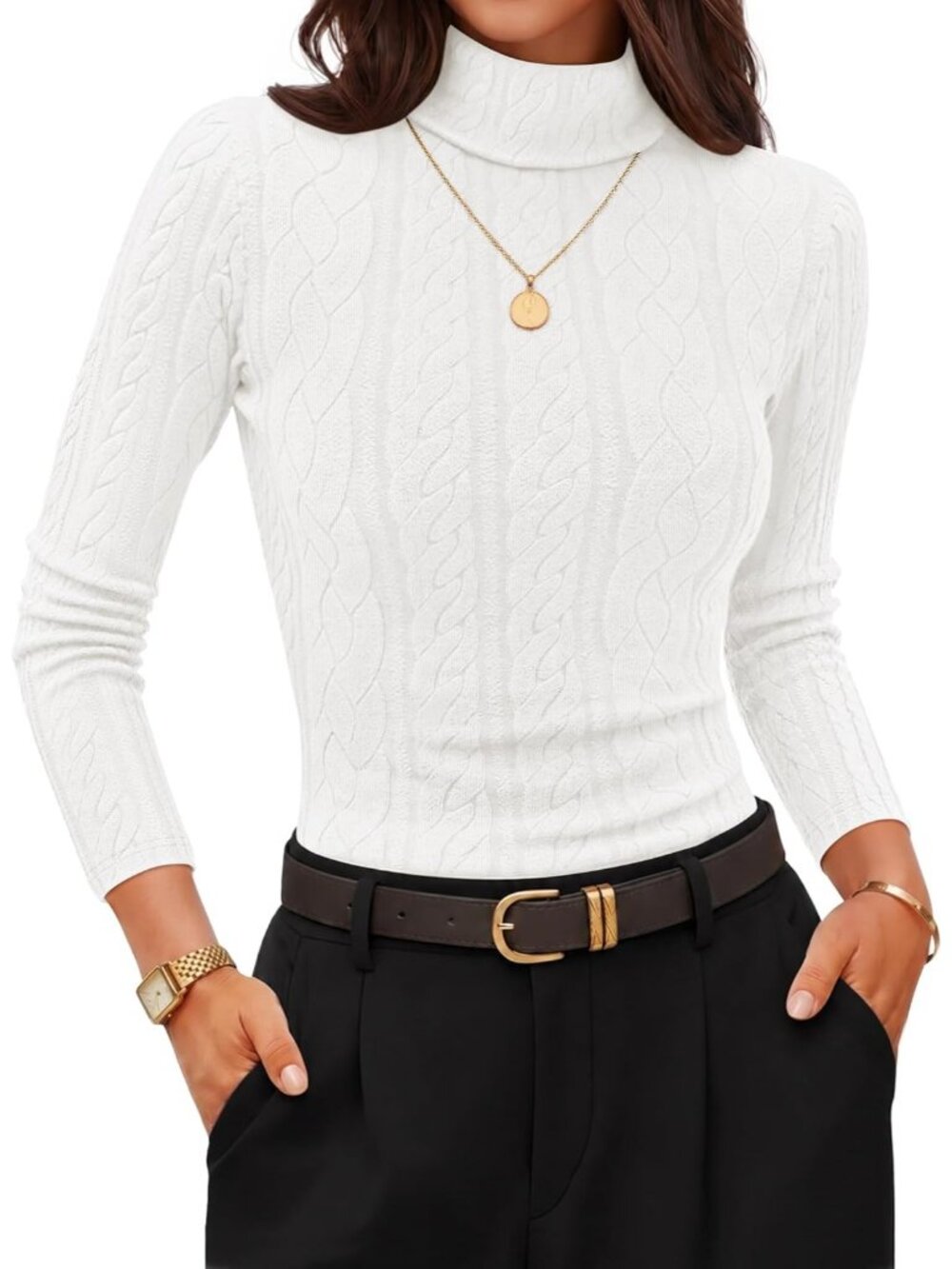 Women's White Cable Knit Turtleneck Long Sleeve Ruched Slim Fitted Pullover Top